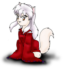Inuyasha turned toward the left, and smiling at the viewer. 