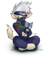 Hatake Kakashi from 'Naruto', sitting and holding a book. 